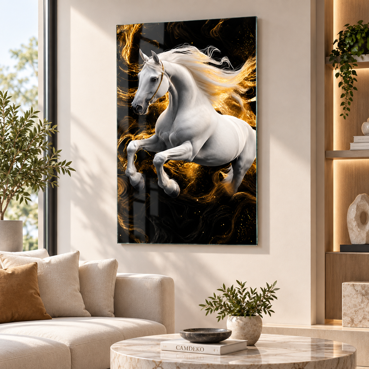 Beyaz at ve gold ışık temalı dikey cam tablo salon duvar uygulaması