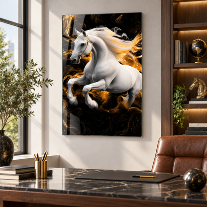 Beyaz at ve gold ışık temalı dikey cam tablo lüks çalışma odası uygulaması