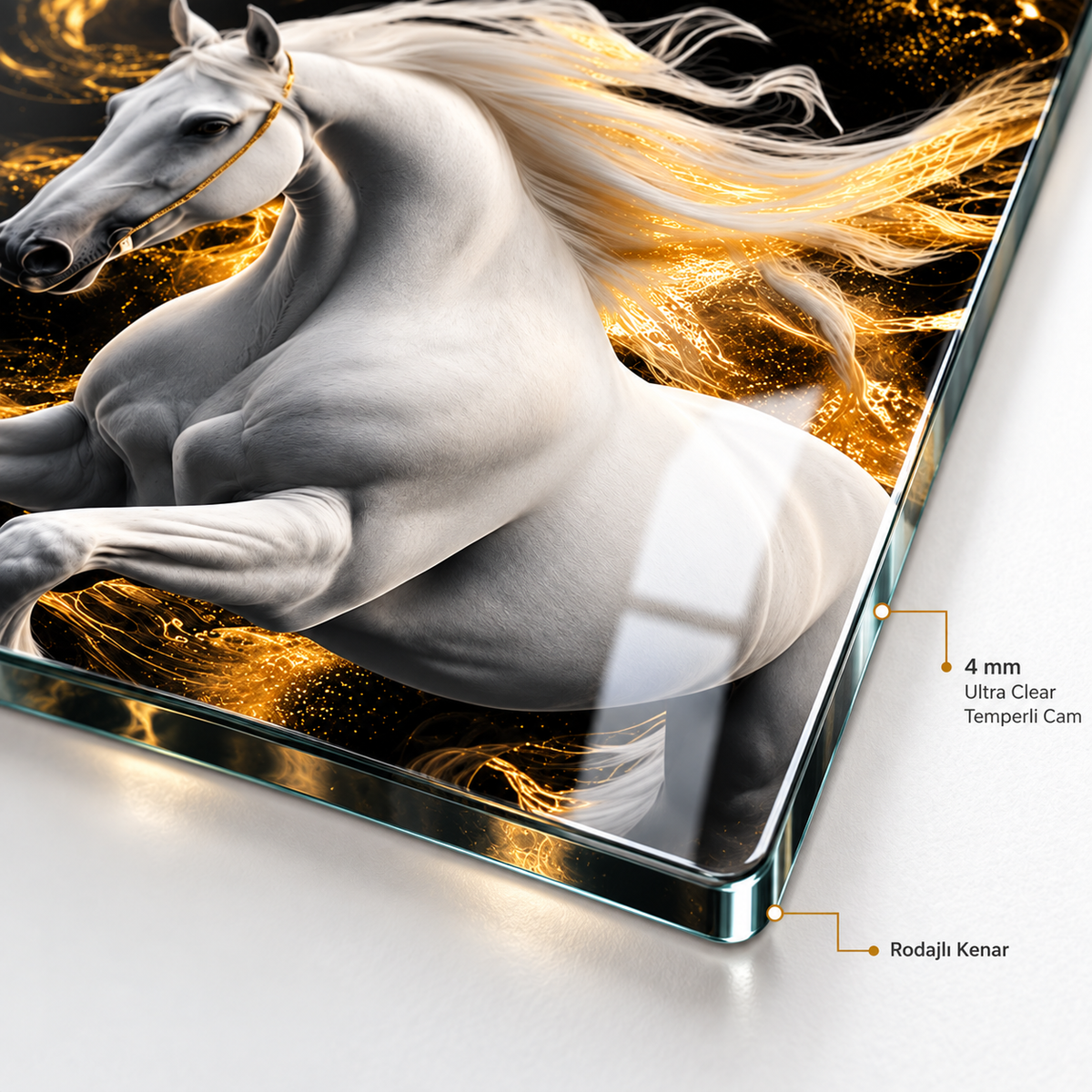 Beyaz at ve gold ışık temalı dikey cam tablo 4 mm Ultra Clear rodajlı cam kenar detayı