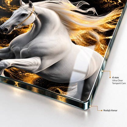 Beyaz at ve gold ışık temalı dikey cam tablo 4 mm Ultra Clear rodajlı cam kenar detayı