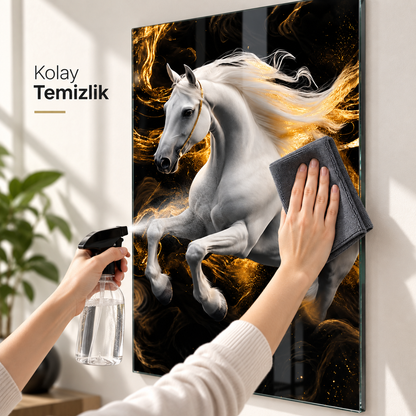 Beyaz at ve gold ışık temalı dikey cam tablo mikrofiber bez ve cam temizleyici ile kolay temizlik detayı