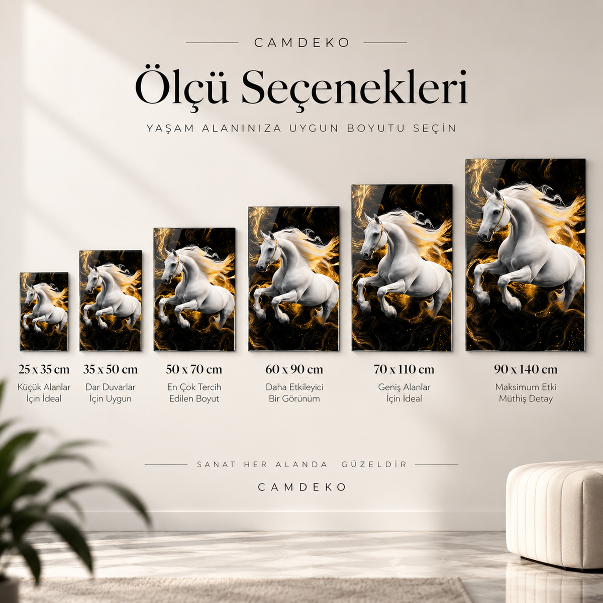 Beyaz at ve gold ışık temalı dikey cam tablo ölçü seçenekleri görseli