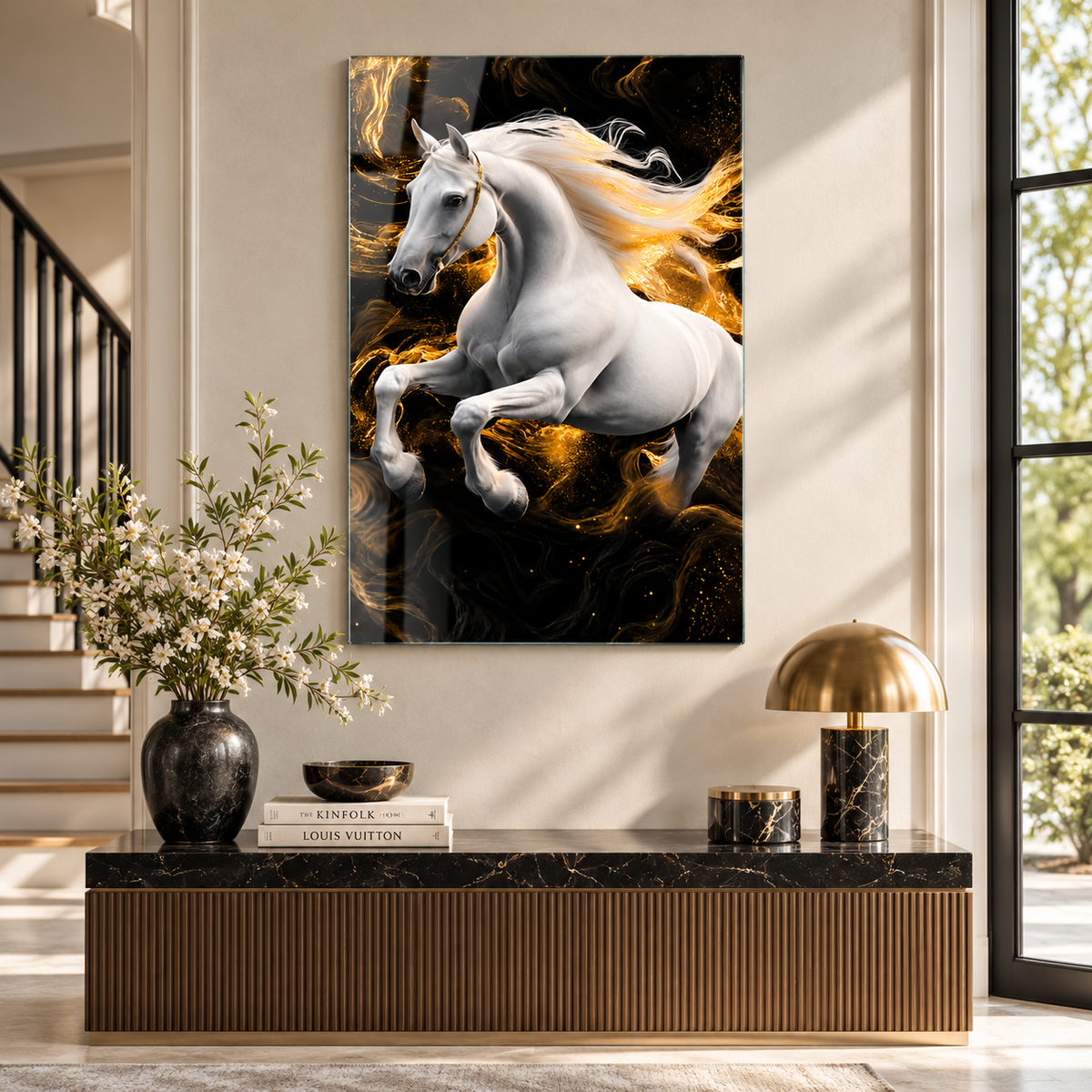 Beyaz at ve gold ışık temalı dikey cam tablo alternatif premium antre dekorasyonu
