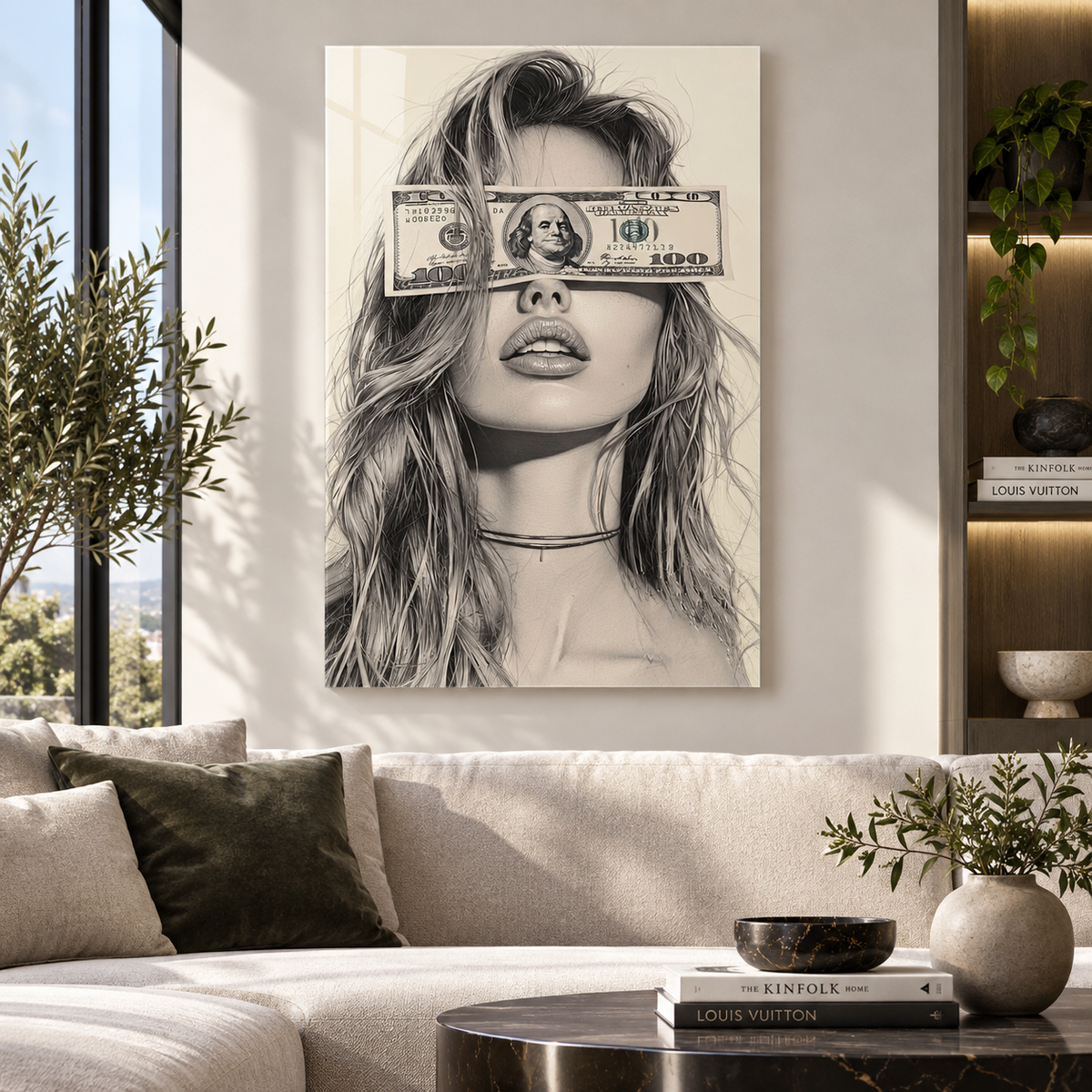 100 dolar gözlü kadın portresi dikey cam tablo modern salon duvar uygulaması