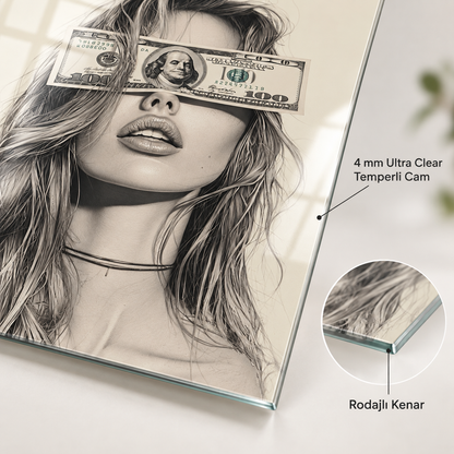 100 dolar gözlü kadın portresi dikey cam tablo 4 mm Ultra Clear rodajlı cam kenar detayı
