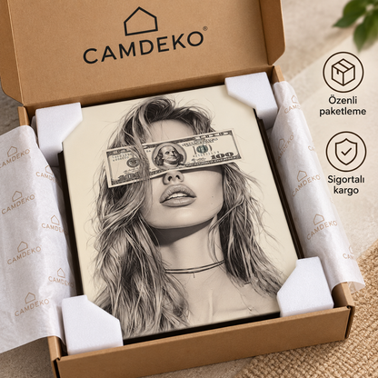 100 dolar gözlü kadın portresi dikey cam tablo CAMDEKO koruyucu paketleme görseli
