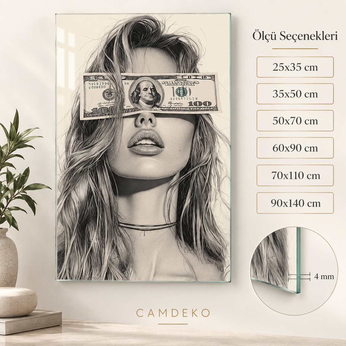 100 dolar gözlü kadın portresi dikey cam tablo ölçü seçenekleri görseli