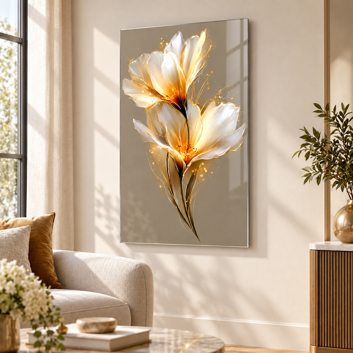 Beyaz gold ışıltılı çiçek dikey cam tablo modern salon duvar uygulaması