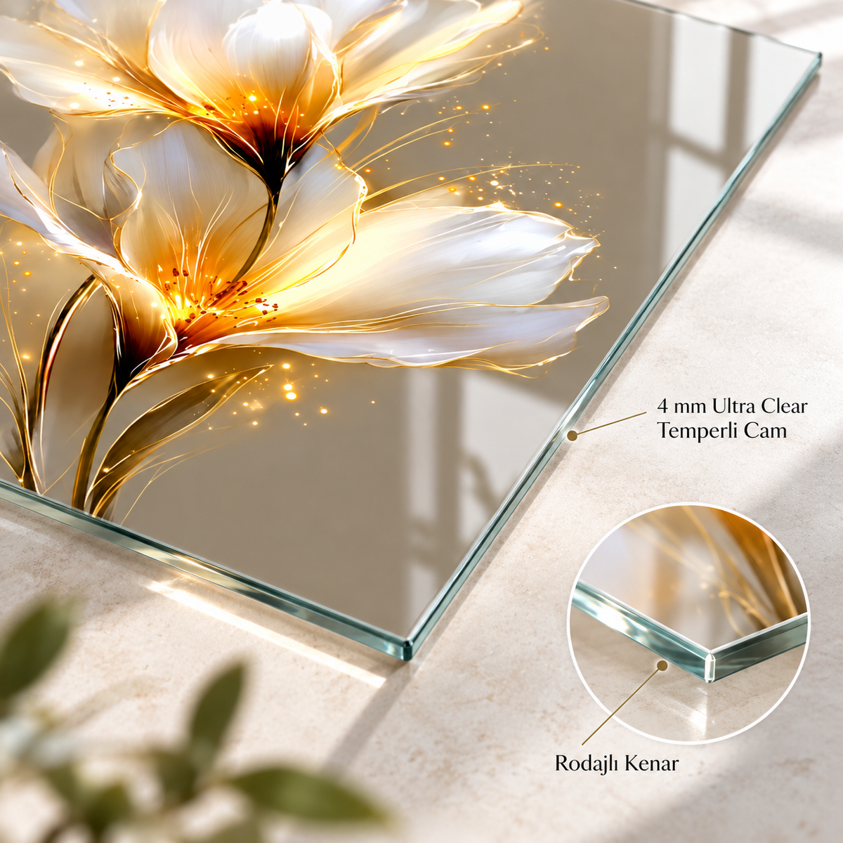 Beyaz gold ışıltılı çiçek dikey cam tablo 4 mm Ultra Clear rodajlı cam kenar detayı