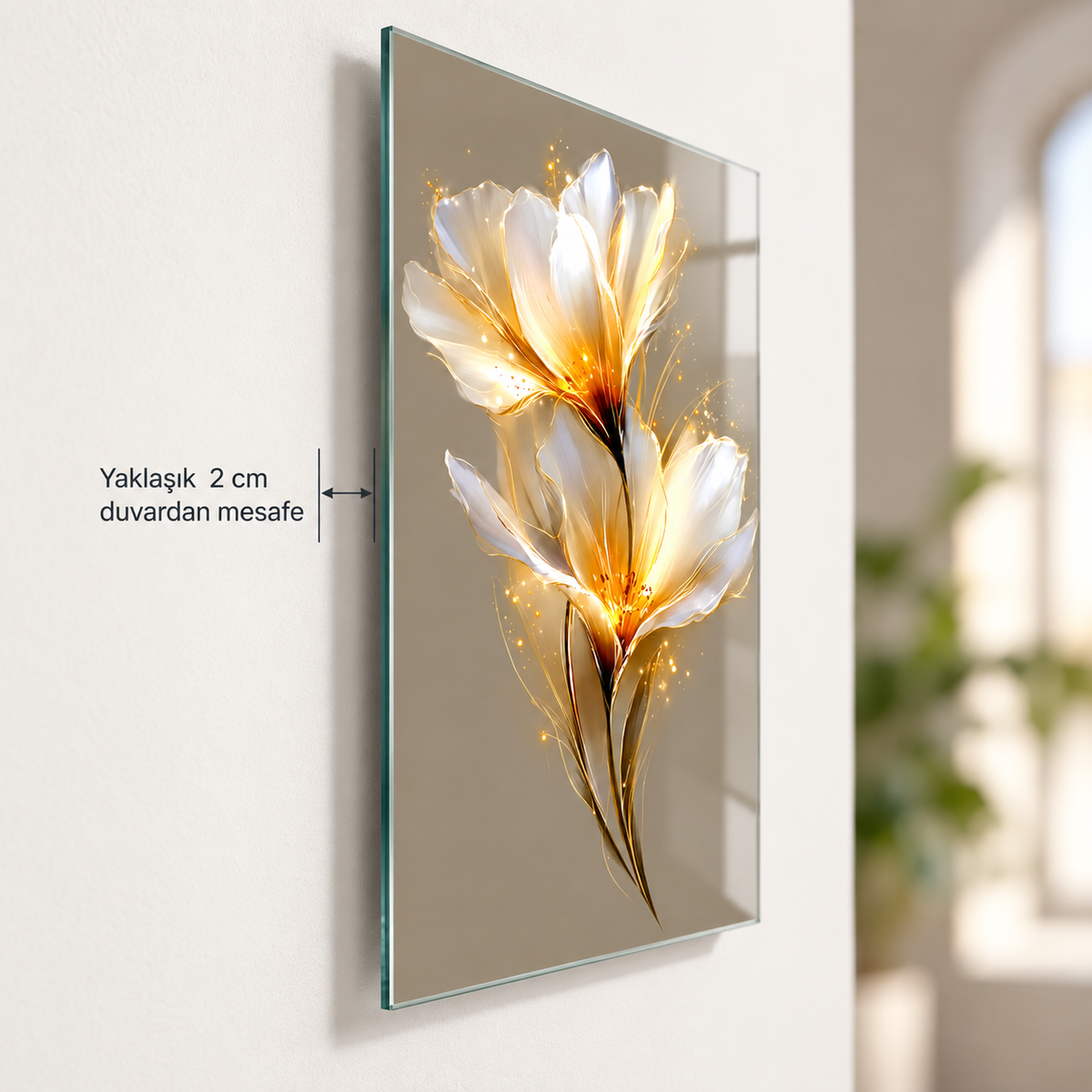 Beyaz gold ışıltılı çiçek dikey cam tablo yaklaşık 2 cm duvar mesafesi, askı görünmeden
