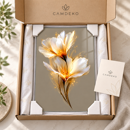 Beyaz gold ışıltılı çiçek dikey cam tablo CAMDEKO koruyucu paketleme görseli