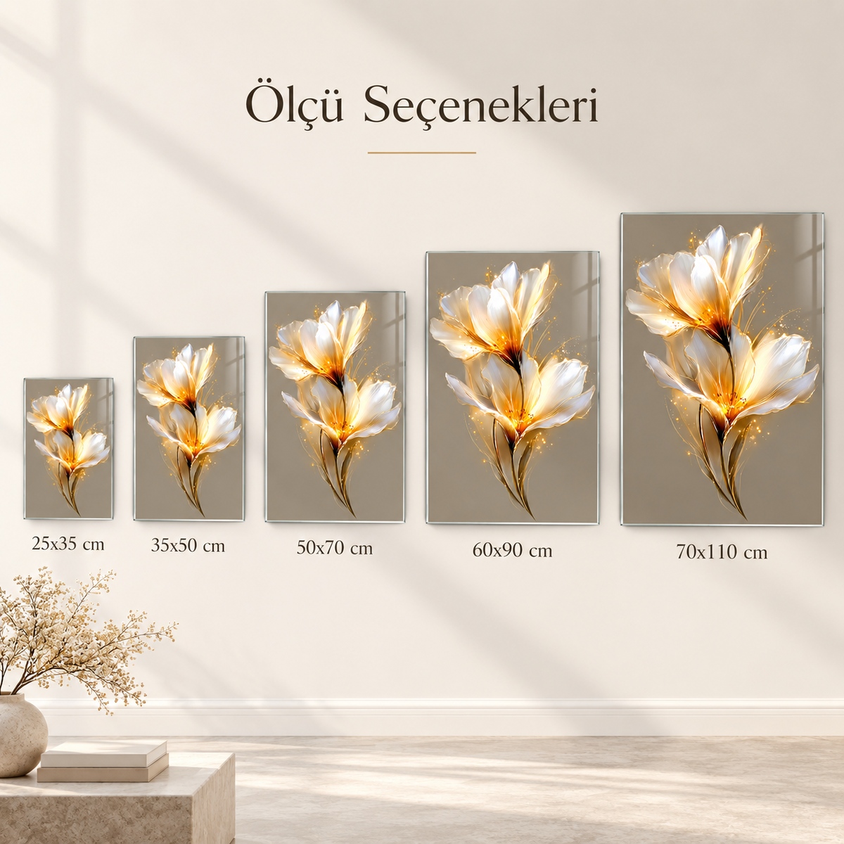 Beyaz gold ışıltılı çiçek dikey cam tablo ölçü seçenekleri görseli