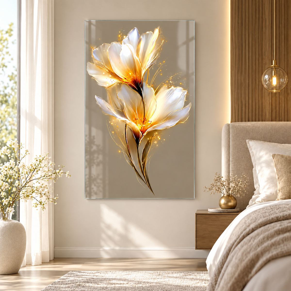 Beyaz gold ışıltılı çiçek dikey cam tablo alternatif premium iç mekân dekorasyonu