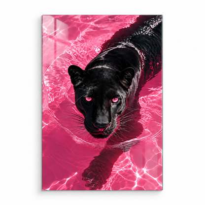 Pembe suda siyah panter dikey cam tablo beyaz zemin vitrin görseli