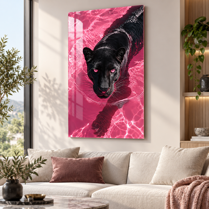 Pembe suda siyah panter dikey cam tablo modern salon uygulaması