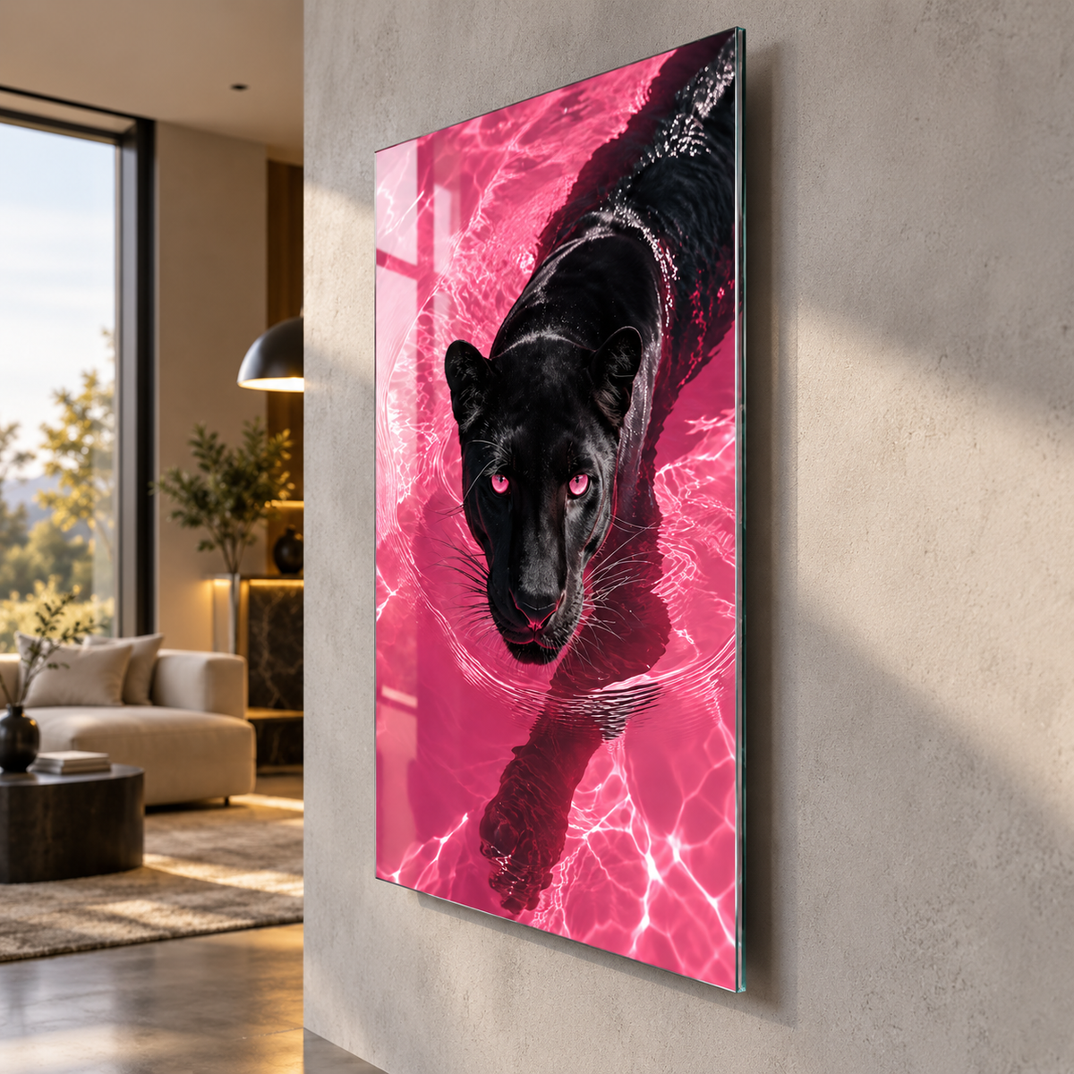 Pembe suda siyah panter dikey cam tablo duvarda yüzer görünüm