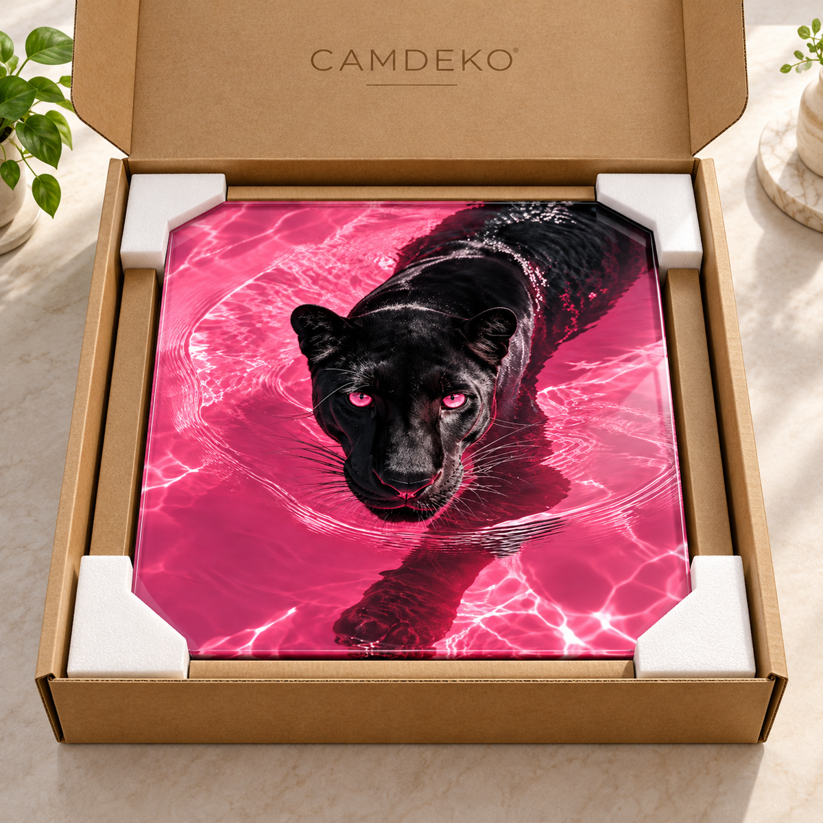 Pembe suda siyah panter dikey cam tablo CAMDEKO koruyucu paketleme
