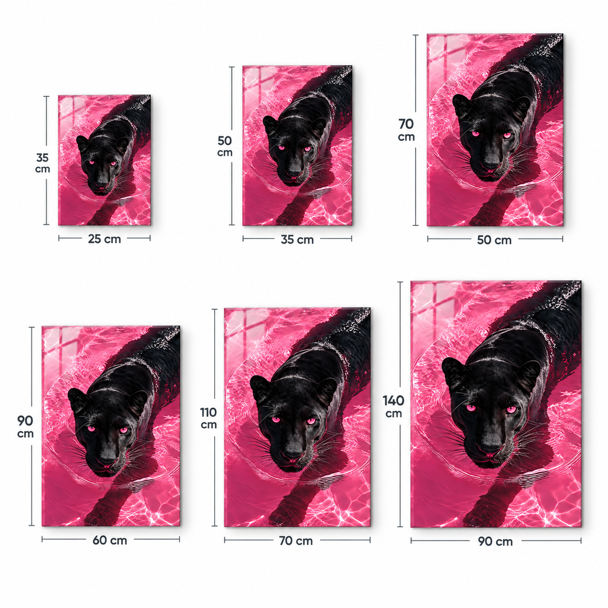 Pembe suda siyah panter dikey cam tablo ölçü seçenekleri
