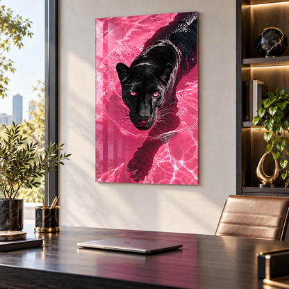 Pembe suda siyah panter dikey cam tablo premium ofis dekorasyonu