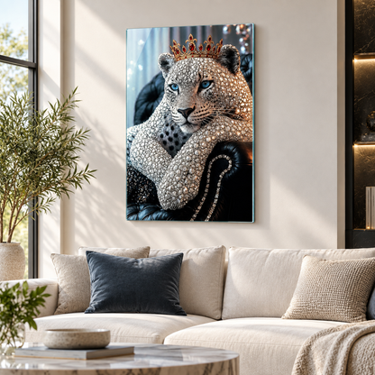Taçlı kristal leopar dikey cam tablo premium salon duvar uygulaması