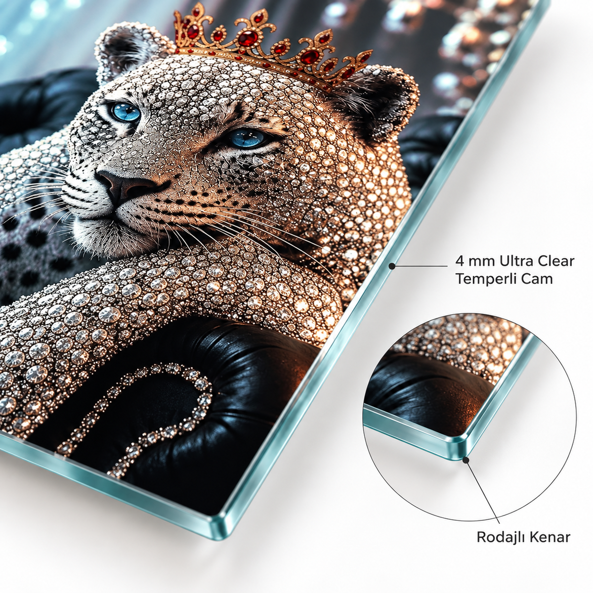Taçlı kristal leopar cam tablo 4 mm Ultra Clear rodajlı kenar detayı