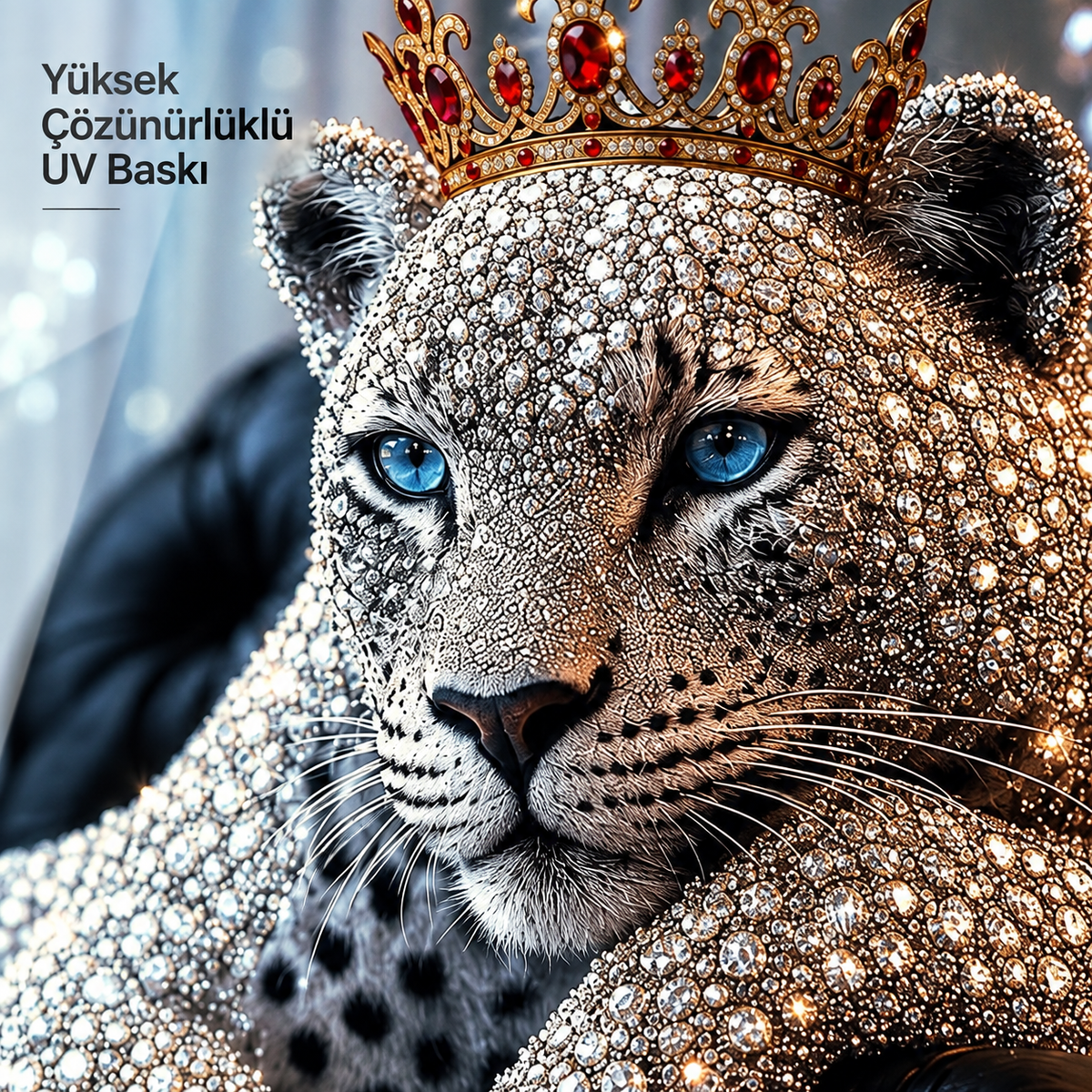 Taçlı kristal leopar cam tablo yüksek çözünürlüklü UV baskı detayı