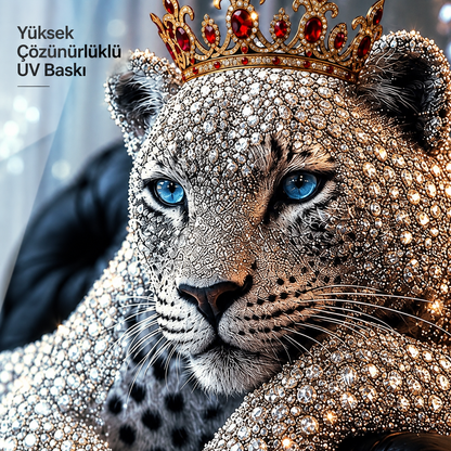 Taçlı kristal leopar cam tablo yüksek çözünürlüklü UV baskı detayı