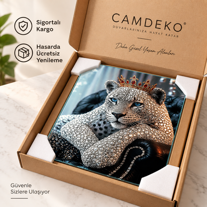Taçlı kristal leopar cam tablo CAMDEKO koruyucu paketleme ve sigortalı kargo