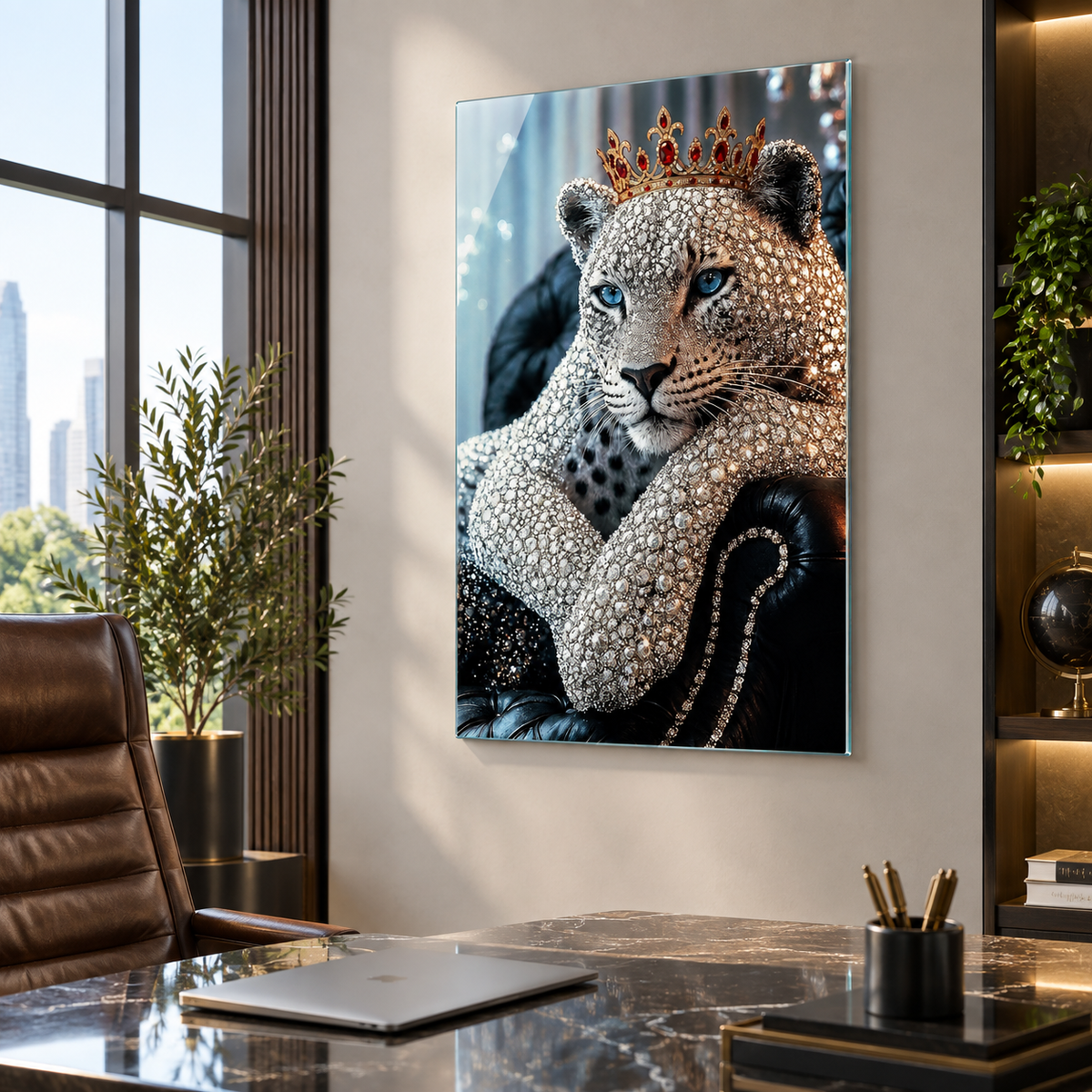 Taçlı kristal leopar dikey cam tablo premium ofis duvar uygulaması