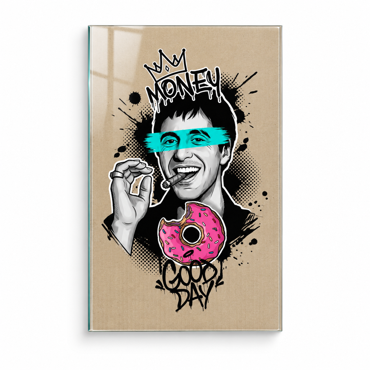 Money Good Day pop art dikey cam tablo beyaz zemin vitrin görseli