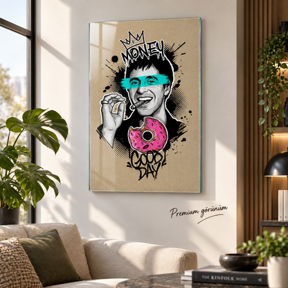 Money Good Day pop art dikey cam tablo premium salon duvar uygulaması