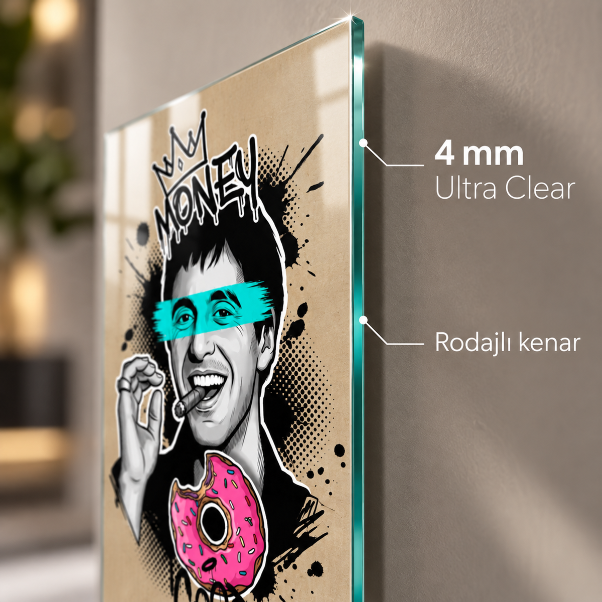 Money Good Day pop art cam tablo 4 mm Ultra Clear rodajlı kenar detayı
