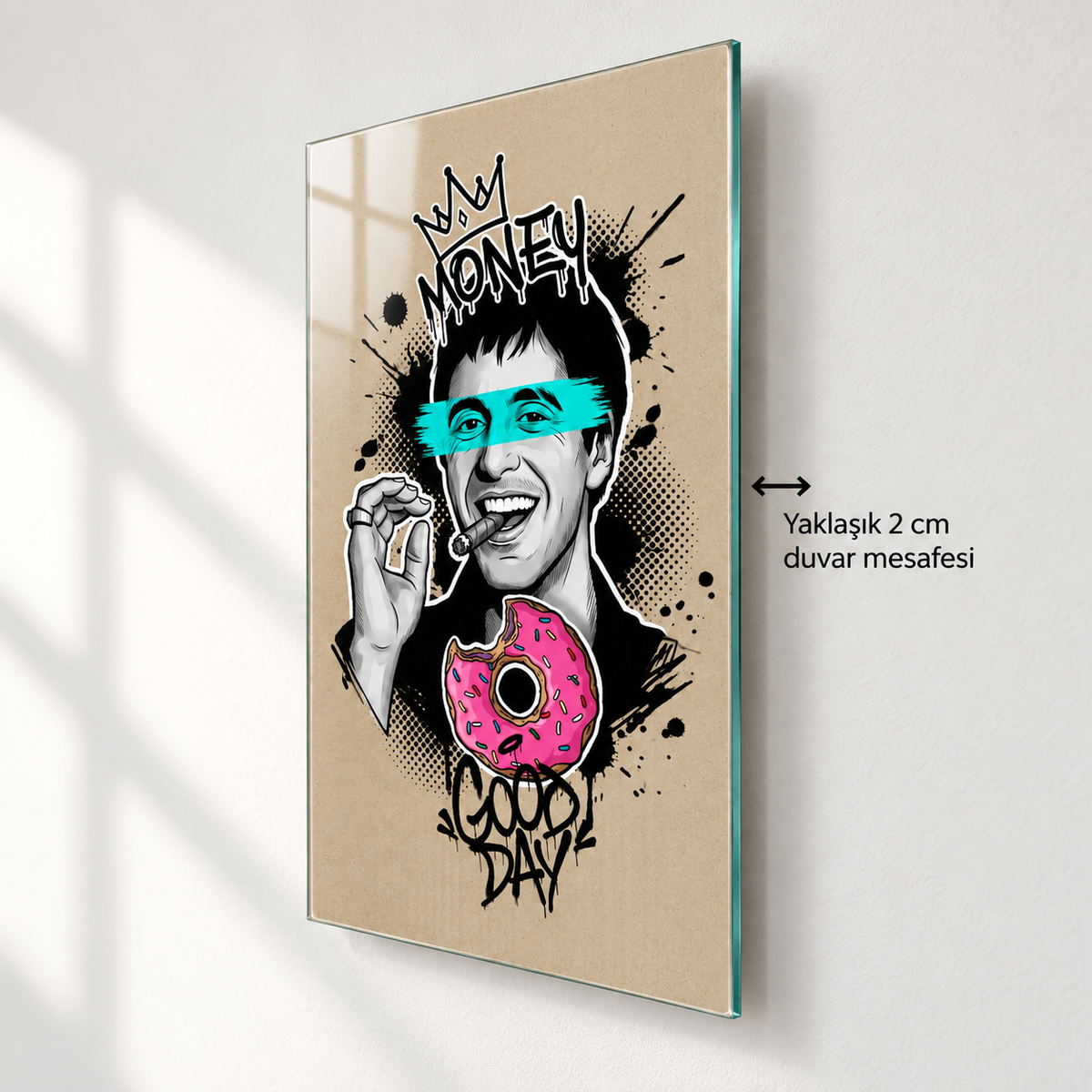 Money Good Day pop art cam tablo yaklaşık 2 cm yüzer duvar görünümü