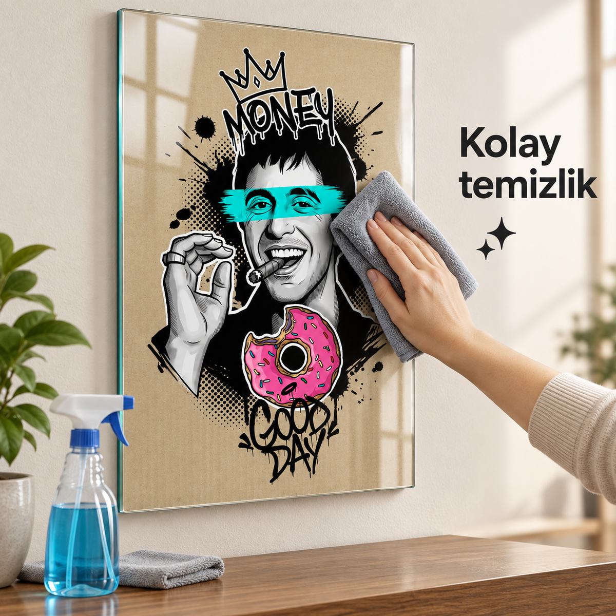 Money Good Day pop art cam tablo mikrofiber bez ile kolay temizlik görseli