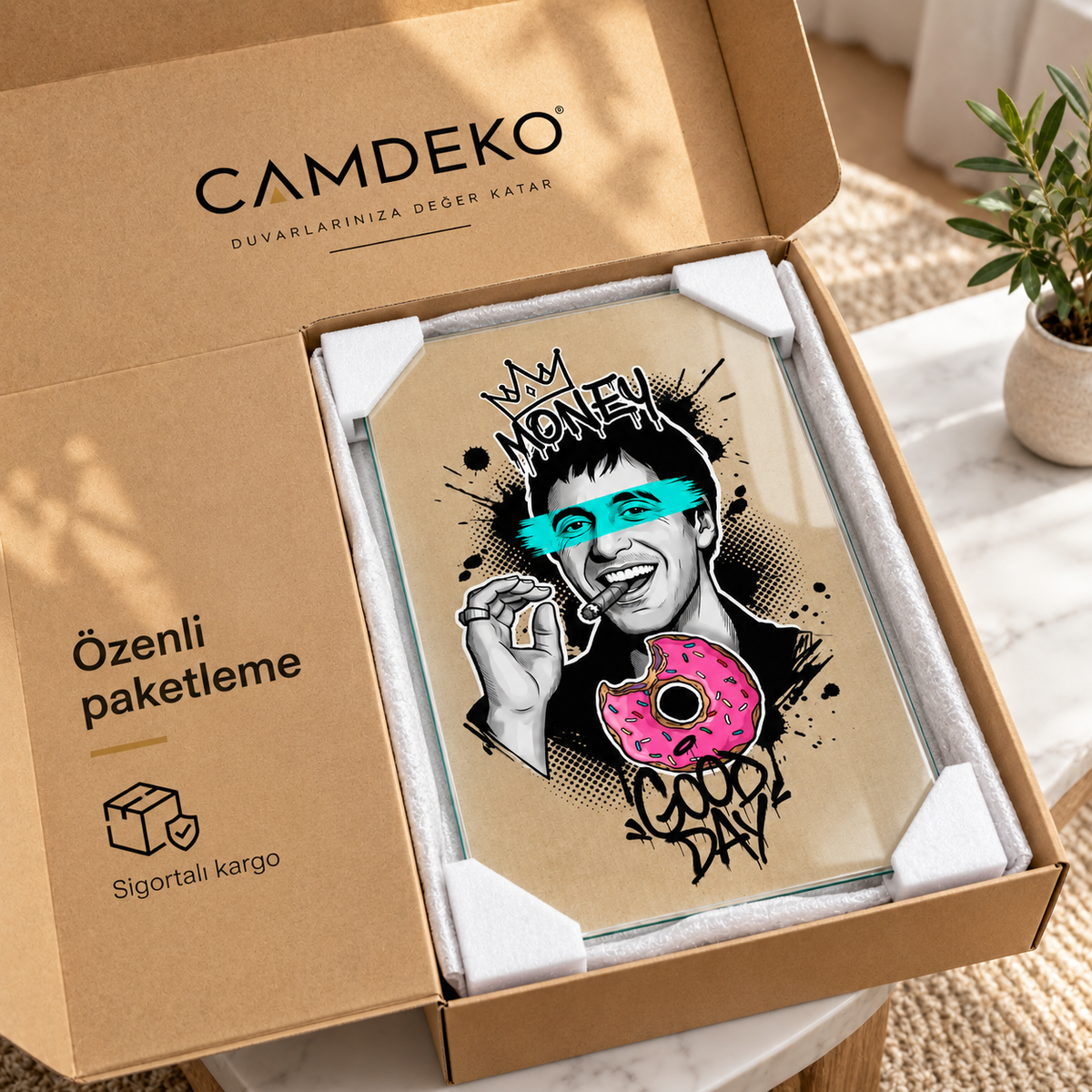 Money Good Day pop art cam tablo CAMDEKO koruyucu paketleme ve sigortalı kargo