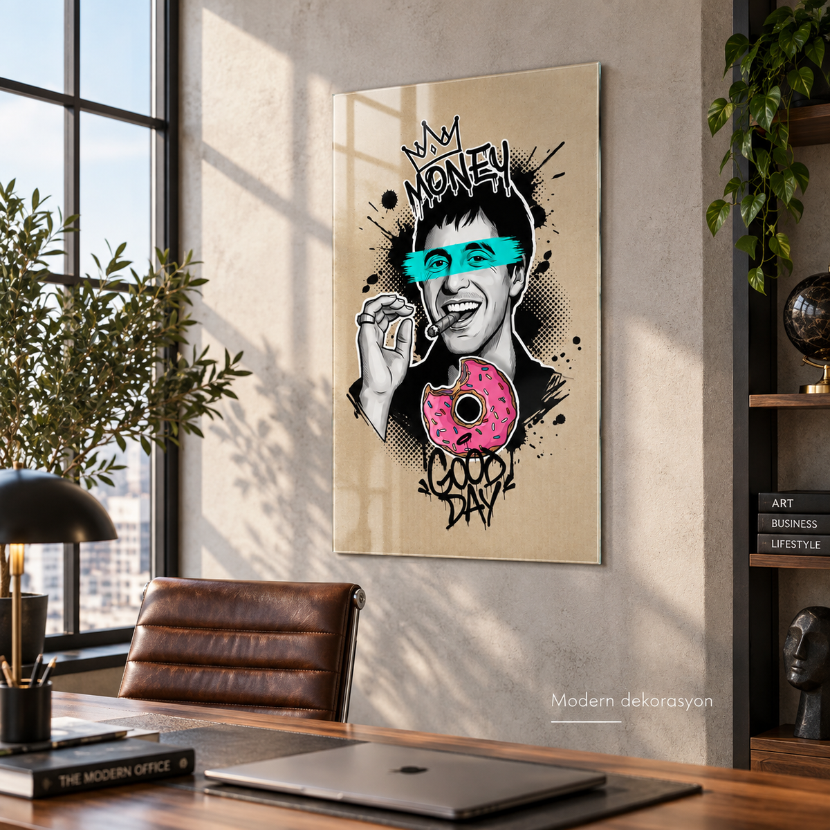 Money Good Day pop art dikey cam tablo premium ofis duvar uygulaması