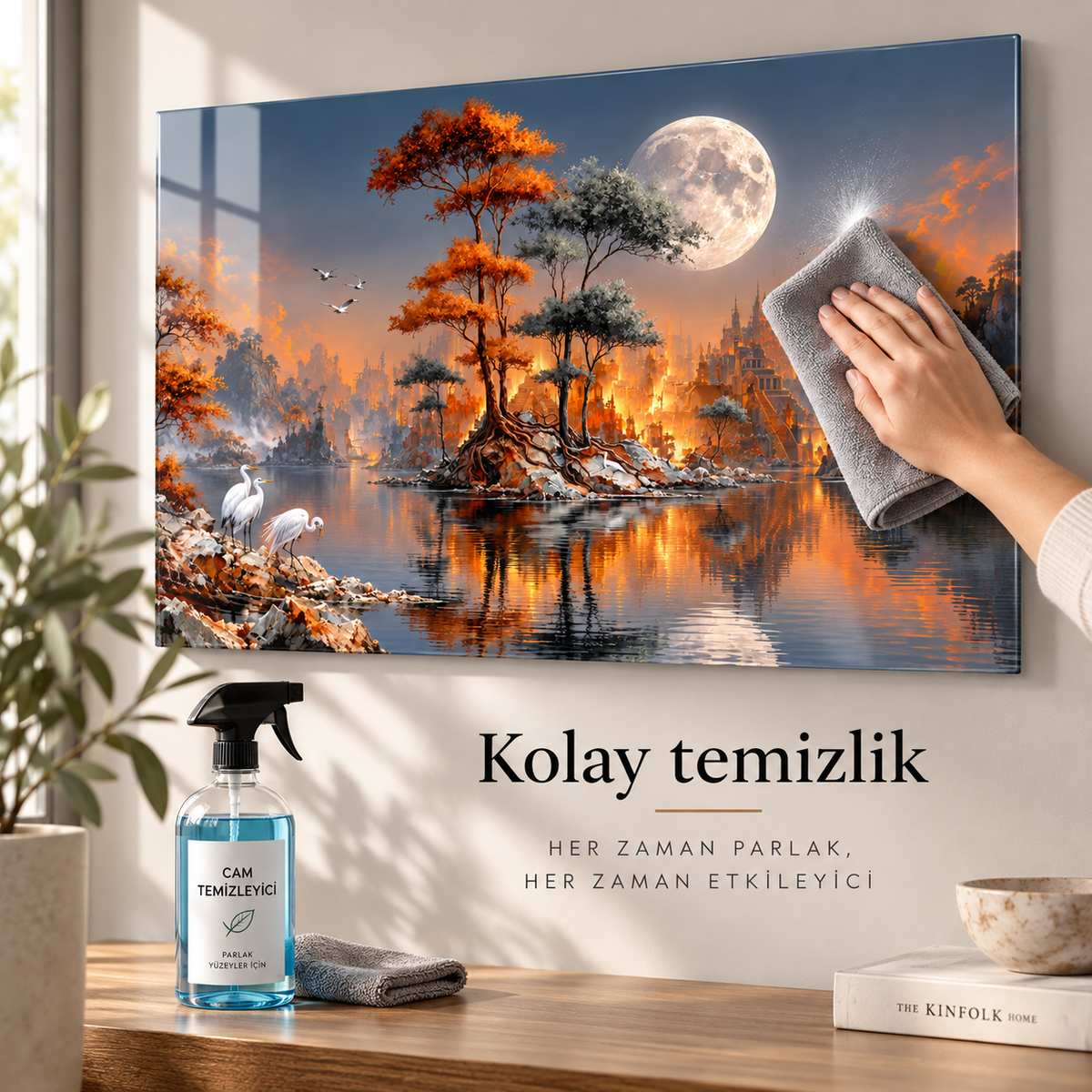 Ay ışığında fantastik göl cam tablo mikrofiber bez ile kolay temizlik görseli