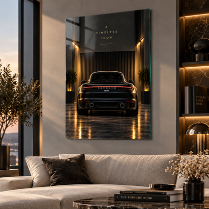 Porsche 911 A Timeless Icon dikey cam tablo premium salon duvar uygulaması