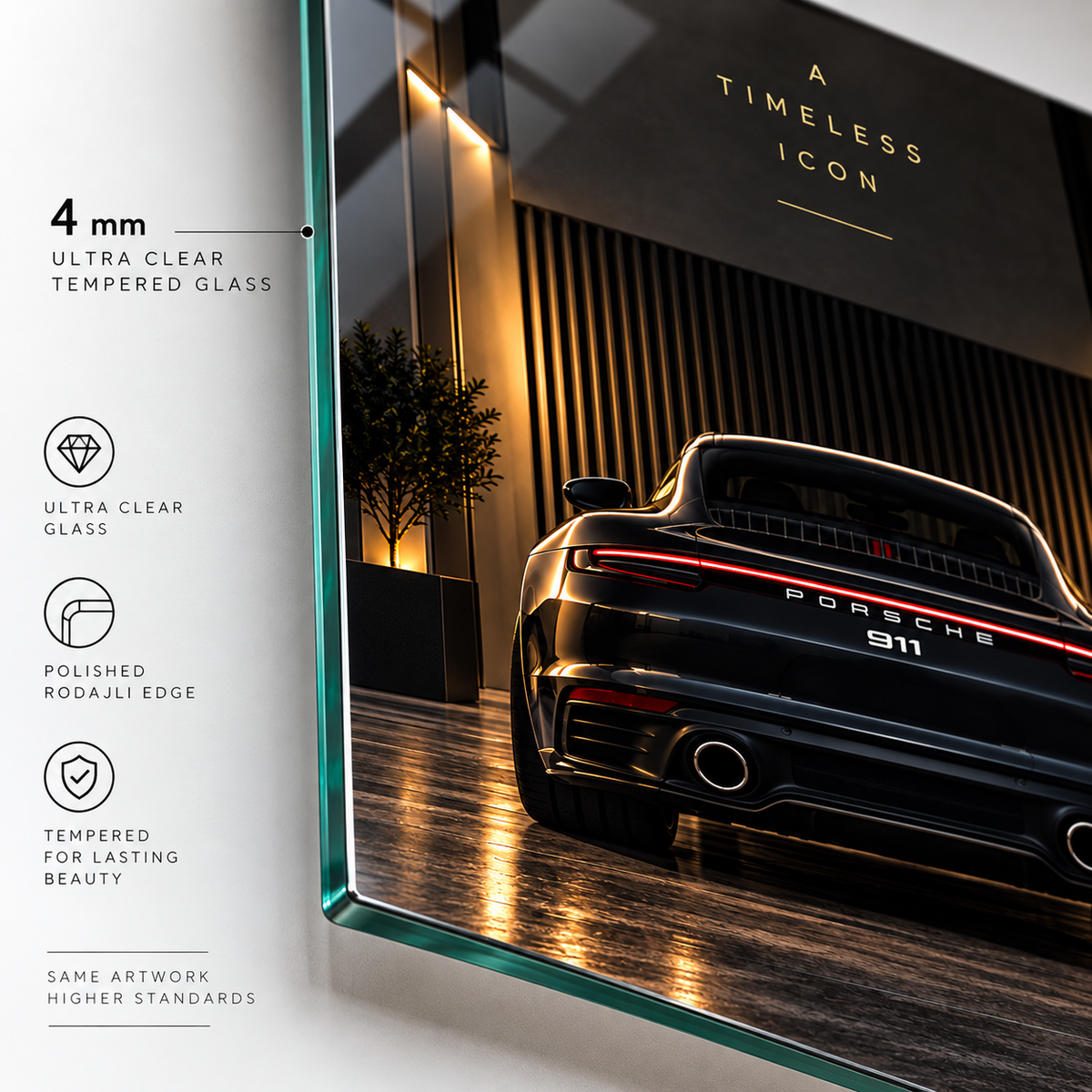 Porsche 911 A Timeless Icon cam tablo 4 mm Ultra Clear rodajlı ince kenar detayı