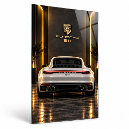 Beyaz Porsche 911 gold logolu dikey cam tablo hafif açılı beyaz zemin vitrin görseli