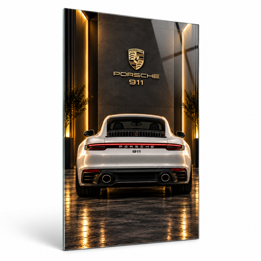 Beyaz Porsche 911 gold logolu dikey cam tablo hafif açılı beyaz zemin vitrin görseli