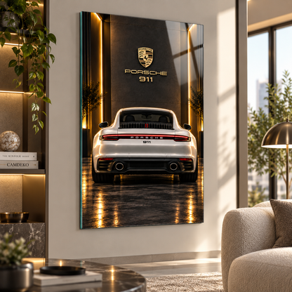 Beyaz Porsche 911 gold logolu dikey cam tablo premium salon duvar uygulaması
