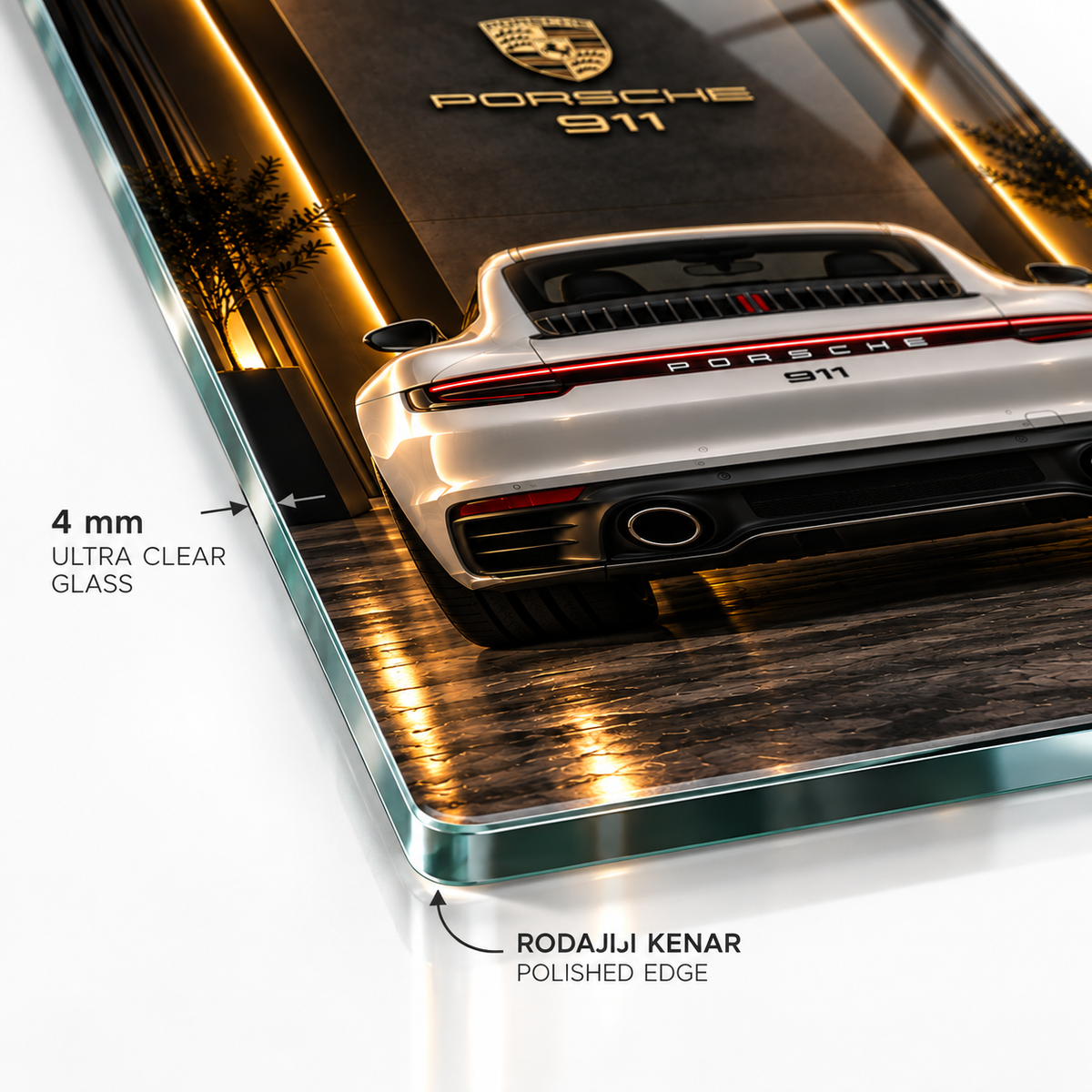 Beyaz Porsche 911 cam tablo 4 mm Ultra Clear rodajlı ince kenar detayı