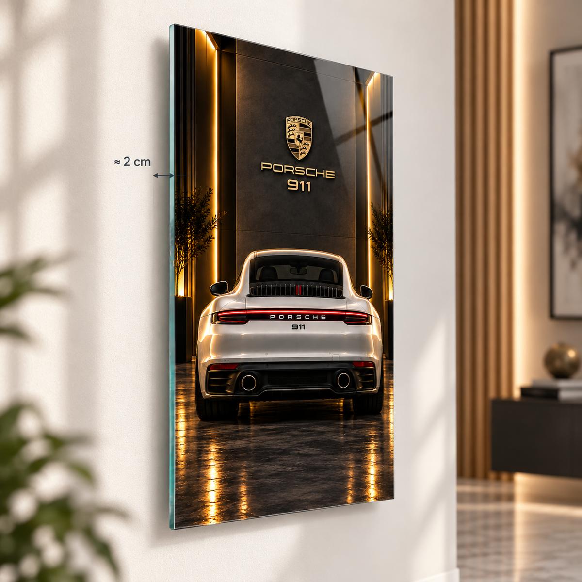 Beyaz Porsche 911 cam tablo yaklaşık 2 cm yüzer duvar görünümü