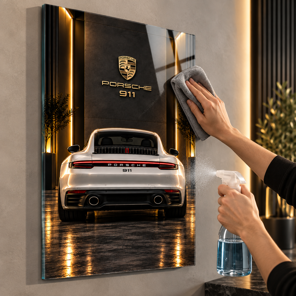 Beyaz Porsche 911 cam tablo mikrofiber bez ile kolay temizlik görseli