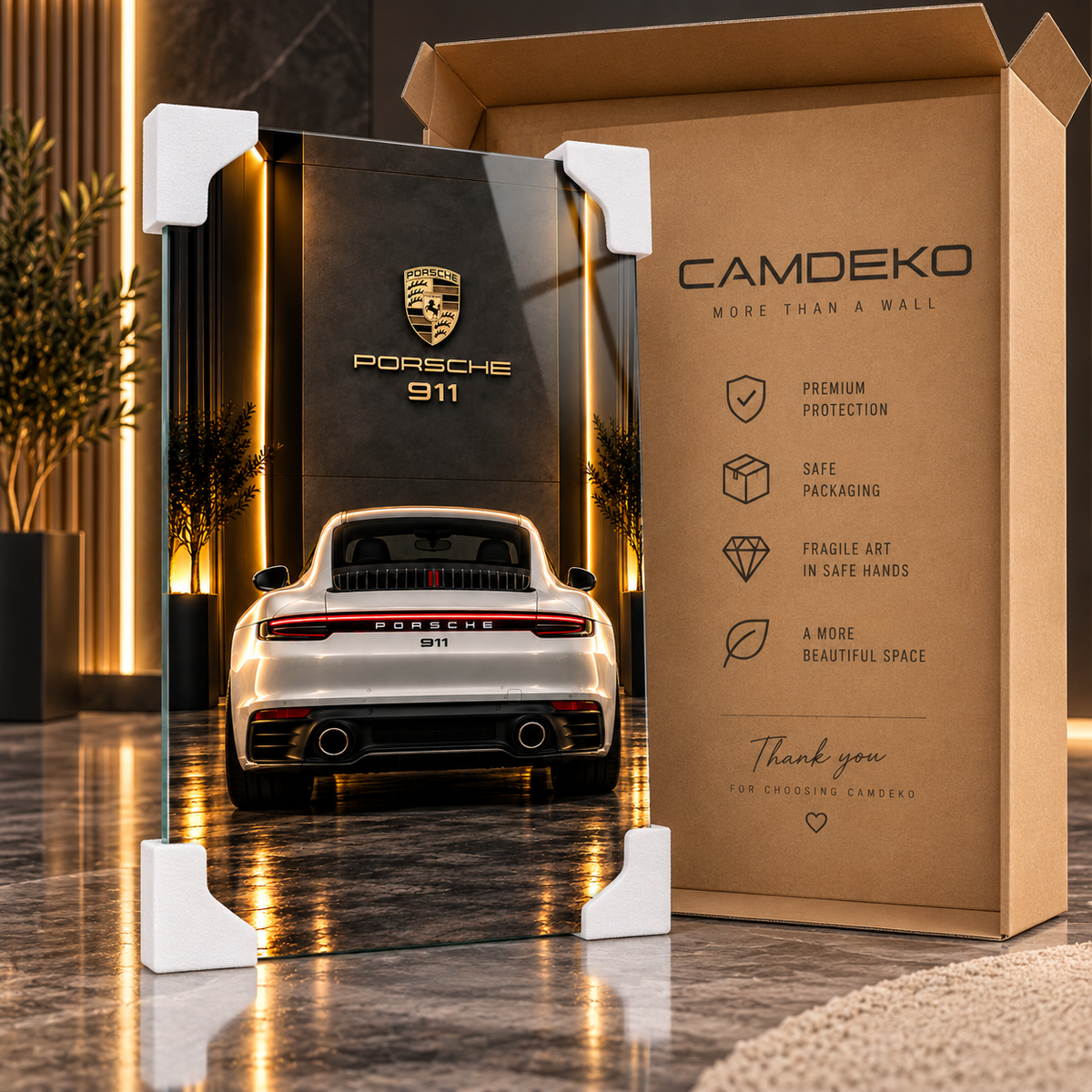 Beyaz Porsche 911 cam tablo CAMDEKO koruyucu paketleme ve sigortalı kargo