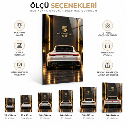 Beyaz Porsche 911 dikey cam tablo ölçü seçenekleri 25x35 ile 90x140 cm