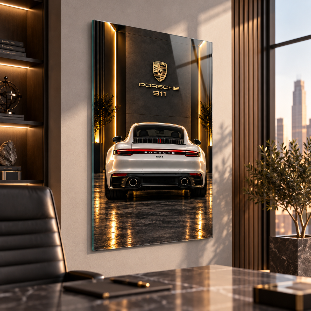 Beyaz Porsche 911 gold logolu dikey cam tablo premium ofis duvar uygulaması