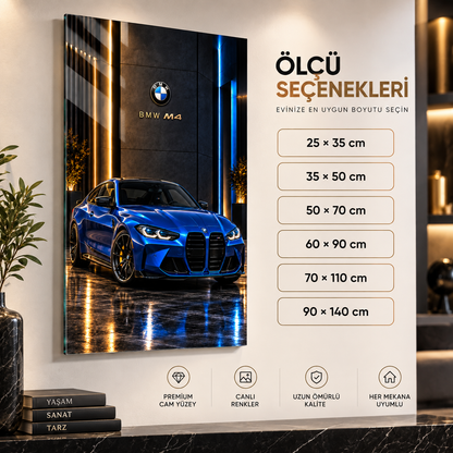 Mavi BMW M4 dikey cam tablo ölçü seçenekleri 25x35 ile 90x140 cm