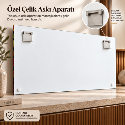 CAMDEKO tropikal çiçekler kadın portresi yatay cam tablo beyaz arka yüz montajlı özel çelik askı aparatı ve beyaz tampon detayları